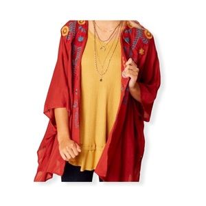 Altar’d State Women’s Kimono Top Open Front Burn Orange Floral embroider…